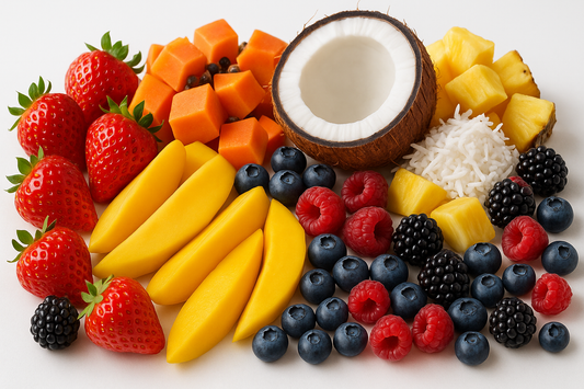 frutas, fresa, mango, papaya, piña, coco y berries